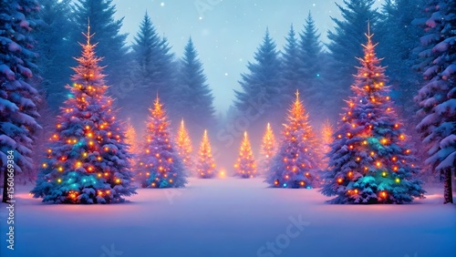 Enchanted winter forest scene with illuminated christmas trees