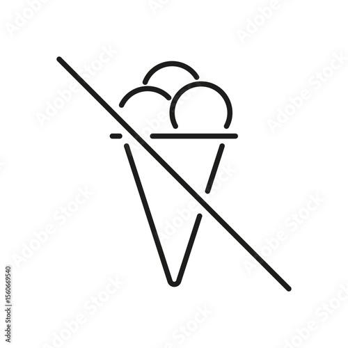 Ice Cream Prohibition Line Icon. No Ice Cream Allowed Outline Symbol. Dietary Restriction, Allergy Warning, And Health Regulation. Editable Stroke. Isolated Vector Illustration