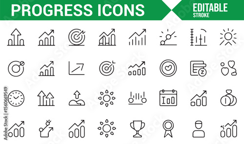 Icons for measuring growth, setting goals, and tracking progress in business and development.