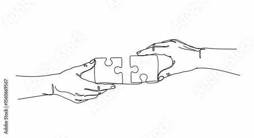 Two Hands Joining Puzzle Pieces in Continuous Line Art