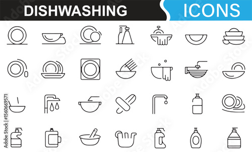 Icons representing dishwashing activities, from washing dishes to using cleaning tools.