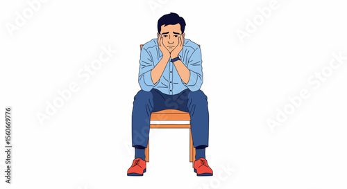 Pensive Man in Light Blue Shirt Sitting on Wooden Chair, Red Shoes
