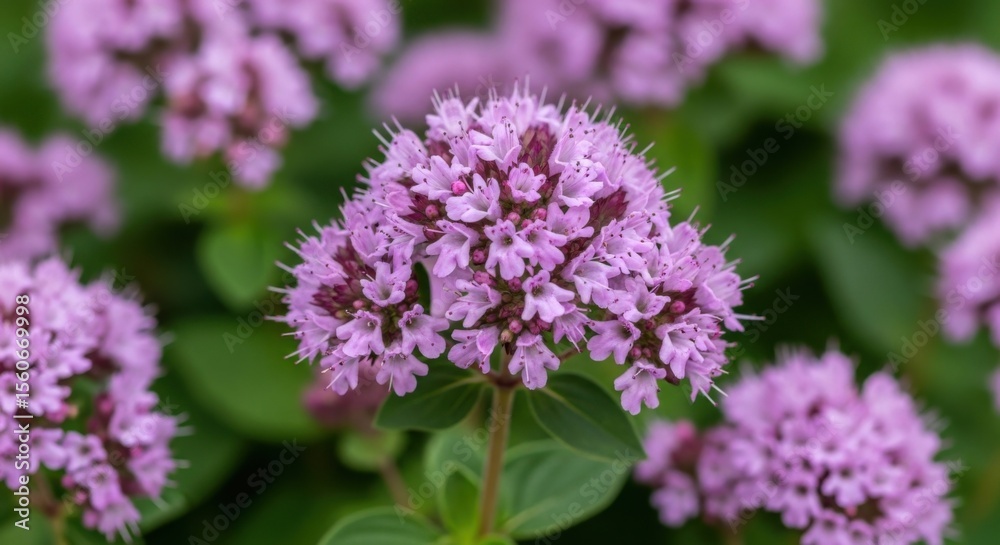 Close up of purple oregano flowers with green leaves in the background Close up of purple oregano flowers with green leaves in the background