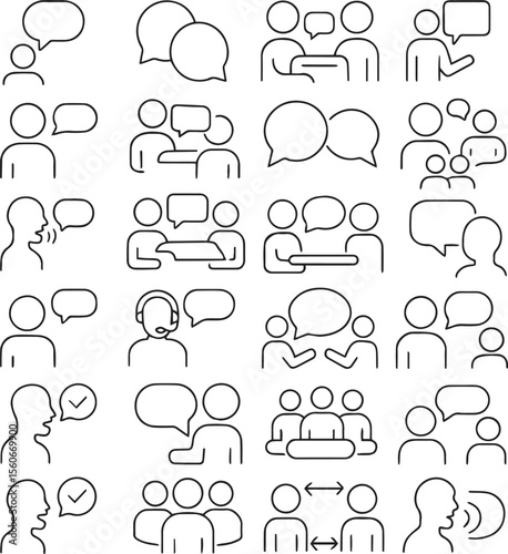  Speaking set of web icons in line style. Communication icons for web and mobile app. Containing people, communication, talking, discussion, speech bubble, team, support and more