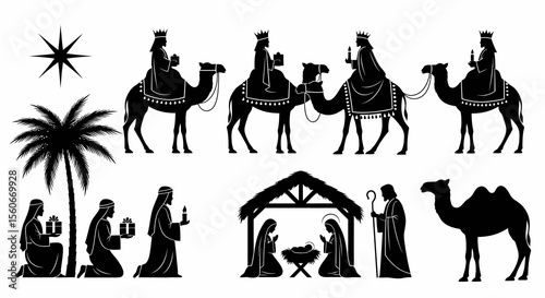 Black Silhouette Nativity Scene with Wise Men, Camels, and Star