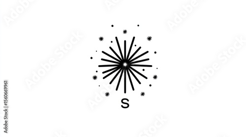 Central radial burst of lines amidst scattered dots above a letter S, simple icon