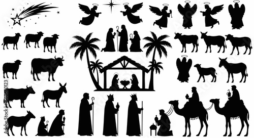 Black Silhouette Nativity Scene with Angels, Animals, and Wise Men