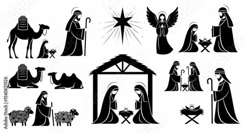 Silhouette Nativity Scene with Shepherds, Camels, and Angel