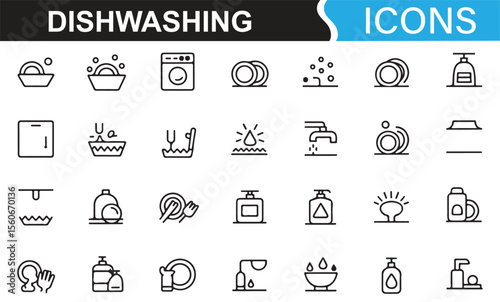 Set of icons related to dishwashing, including dishwashers, utensils, and cleaning products.