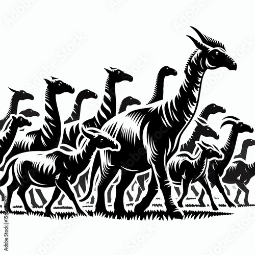 Sauropelta Walking with Its Herd in a Prehistoric Plain