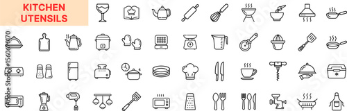 Kitchen Utensils Line Icon Design Featuring Cutlery, Mixing Bowls, Frying Pans, Teapots, Toasters, Blenders, Spatulas, Whisks, Graters, Measuring Cups, Rolling Pins, and Cooking Tools