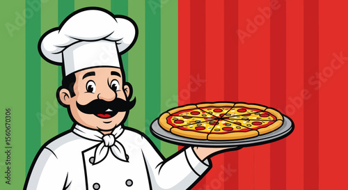 Cartoon Chef Holding a Delicious Pizza with Toppings