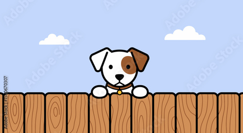 Cartoon Dog Peeking Over Wooden Fence with Blue Sky and Clouds