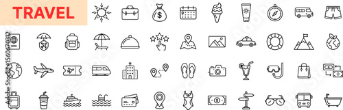 Travel Line Icon Design Featuring Airplanes, Cruise Ships, Maps, Hotels, Luggage, Sunglasses, Flip-Flops, Swimsuits, Cameras, Cocktails, Beach Umbrellas, Tickets, and Backpacks