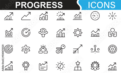 Icons symbolizing progress in business, development, and performance achievements.