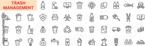 Trash Management Line Icon Design Featuring Garbage Bins, Recycling Symbols, Toxic Waste, Pollution Signs, Trash Bags, Plastic Bottles, Hazard Labels, Compost, Filters, and Contaminated Water