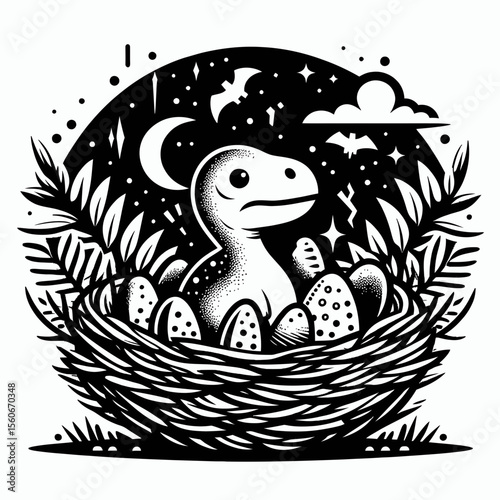 Small Dinosaur Resting Safely in a Prehistoric Nest