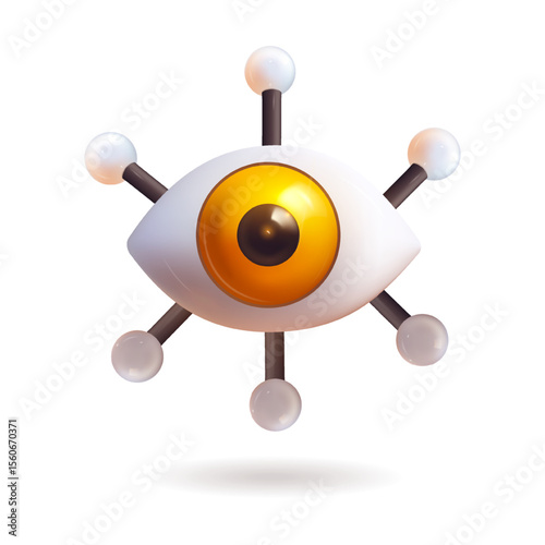 This is an impressive 3D rendering of a futuristic robotic eye featuring a striking yellow pupil that is elegantly surrounded by white spherical shapes