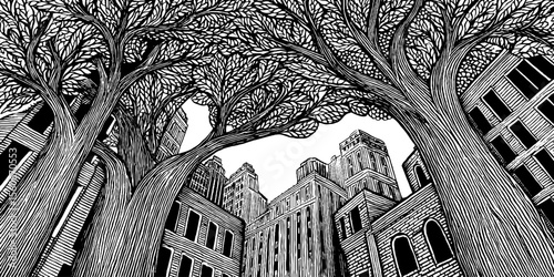Urban nature contrast: trees and abandoned cityscape silhouette