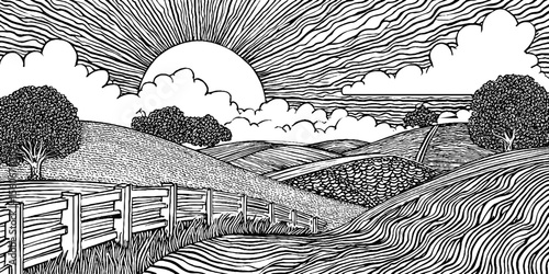 Vintage black and white illustration of abandoned field with broken fence under dramatic sky