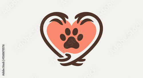 Stylized Heart with Paw Print: Brown Outline, Peach Fill, Dark Brown Paw