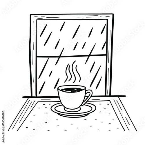 Cup of tea steaming with raindrops on wooden table. Warm and inviting concept.