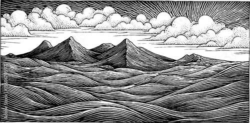 Abyssal plain with mountainous shadows black and white retro design for print