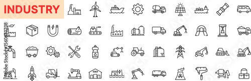 Industry and Manufacturing Line Icon Design Featuring Gears, Factory, Pipelines, Cranes, Oil Tanks, Wind Turbines, Solar Panels, Cargo Ships, Tools, Vehicles, and Assembly Machines