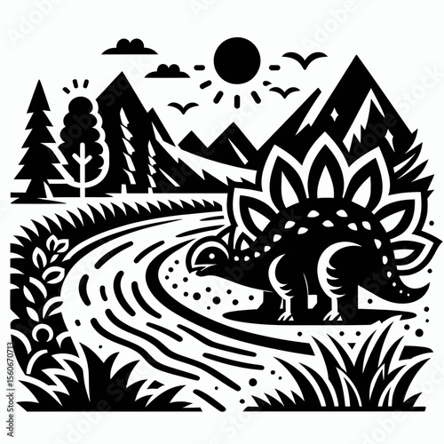 Stegosaurus Standing Peacefully Beside a Prehistoric River