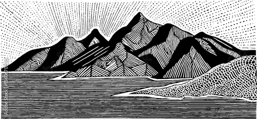 Black and white engraving of ancient seabed fossils in rock landscape