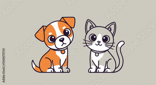 Adorable Cartoon Dog and Cat Sitting Together, Orange and Gray, Simple Line Art Style