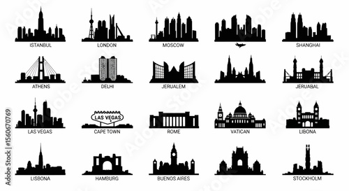 World City Skyline Silhouettes: Istanbul, London, Moscow, Shanghai, Athens, Delhi, Jerusalem, Las Vegas, Cape Town, Rome, Vatican, Libona, Hamburg, Buenos Aires