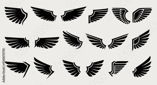 Collection of Eighteen Black Stylized Wings: Vector Graphic Designs