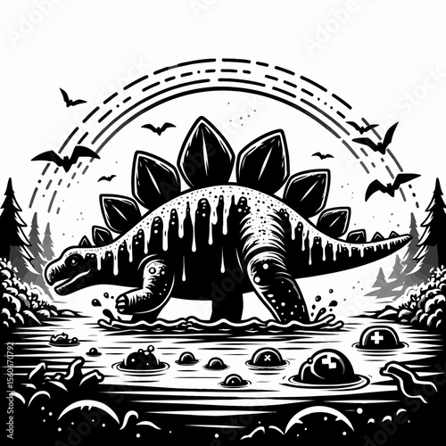 Stegosaurus Walking Through a Prehistoric Swamp