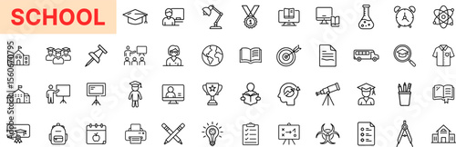 School and Classroom Line Icon Design Featuring Books, Backpack, Blackboard, Teachers, Students, Diploma, Microscope, Alarm Clock, Globe, Medal, Science Tools, and Writing Supplies