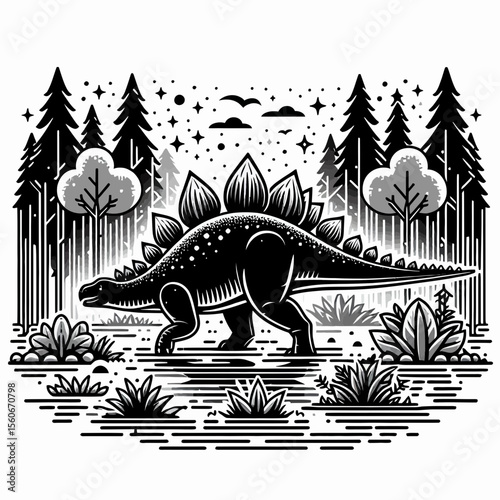 Stegosaurus Walking Through a Prehistoric Swamp