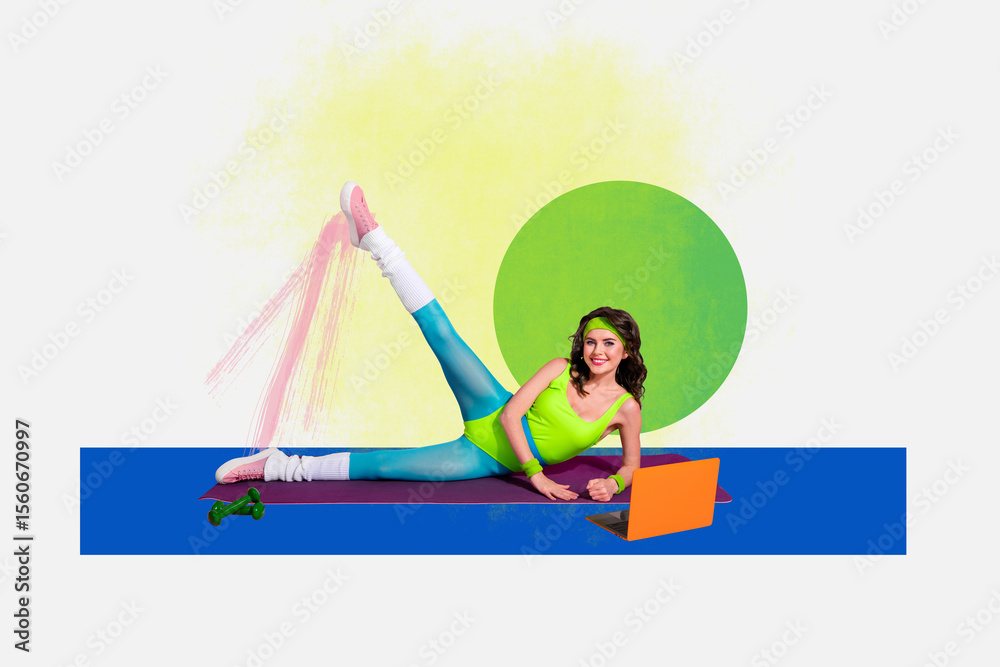 Fototapeta premium Sketch composite 3D photo collage trend artwork of young lady fitness coach remote training laptop care dynamic sporty healthcare activity