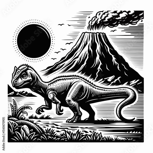 Styracosaurus Walking Near a Smoldering Prehistoric Volcano