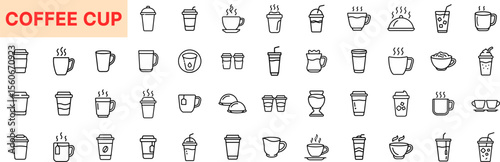 Coffee Cup Line Icon Design Featuring Mugs, Takeaway Cups, Espresso, Cappuccino, Tea, Latte, Coffee Beans, Hot Drinks, Glasses, Straws, Saucers, and Café Beverage Containers