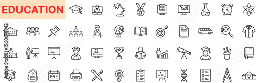 Education and Learning Line Icon Design Featuring Books, Graduation Cap, Microscope, Blackboard, School Bus, Medal, DNA, Atom, Student, Online Class, and Stationery Tools