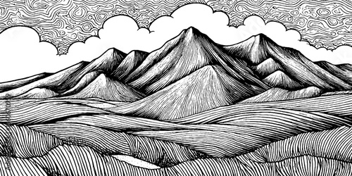 Black and white illustration of barren tundra with distant hills