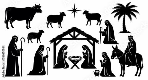Black Silhouette Nativity Scene with Shepherds, Animals, and Star
