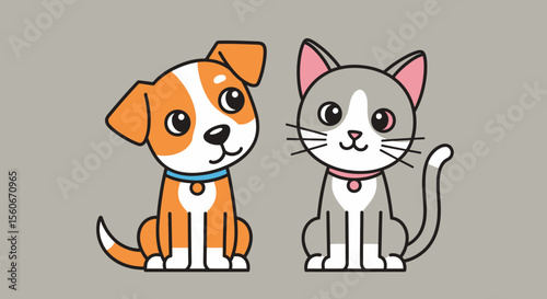 Cute Cartoon Dog and Cat Sitting Side-by-Side, with Vibrant Colors