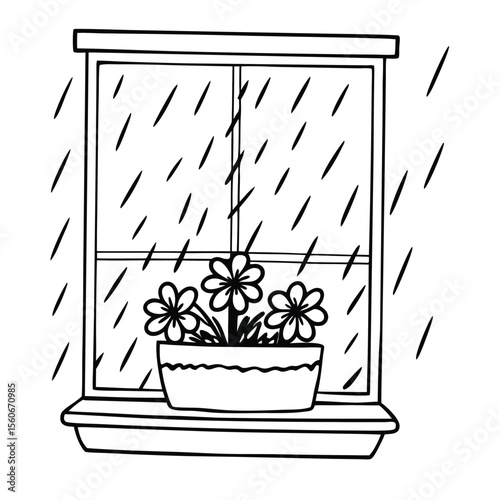 A window with a flower pot and rain drops on glass. Delicate and quiet moment.