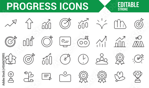 Icons representing progress, growth, and achievement for business and development.