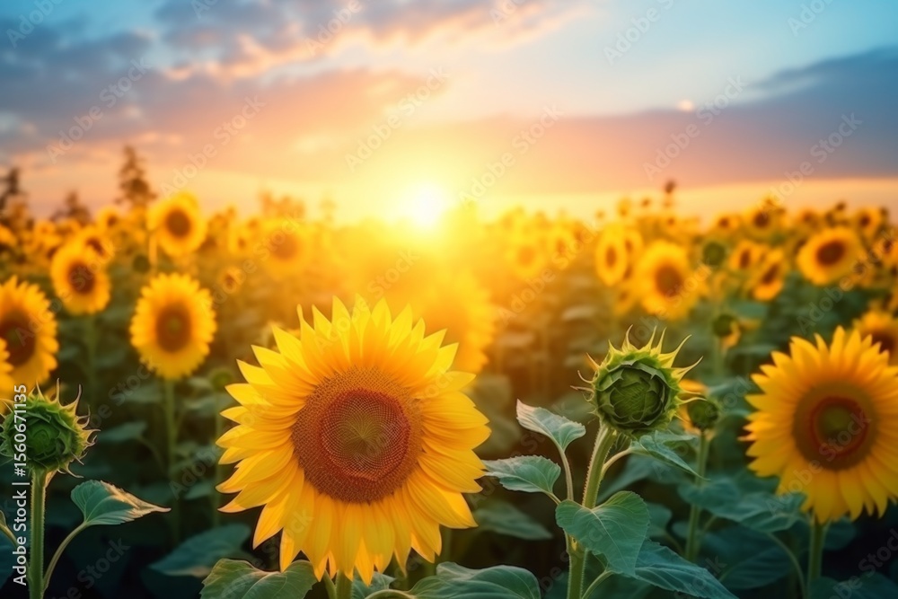 Obraz premium Sunflowers on sunset background