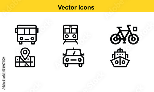 Diverse transportation icons bus train car bicycle ship and map for global travel and navigation