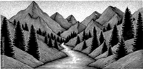 Tranquil mountain landscape with beaver dam in black and white sketch