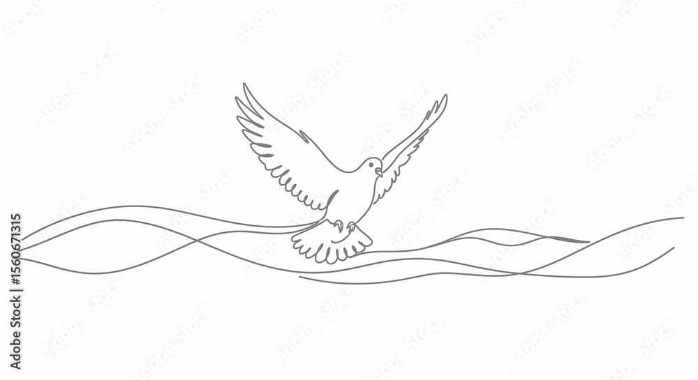 Fototapeta premium Elegant Line Art Dove with Outstretched Wings, Flying Gracefully