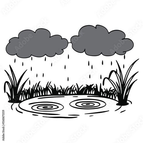 Gentle line sketch of a pond with circular ripples from raindrops. Peaceful and natural.